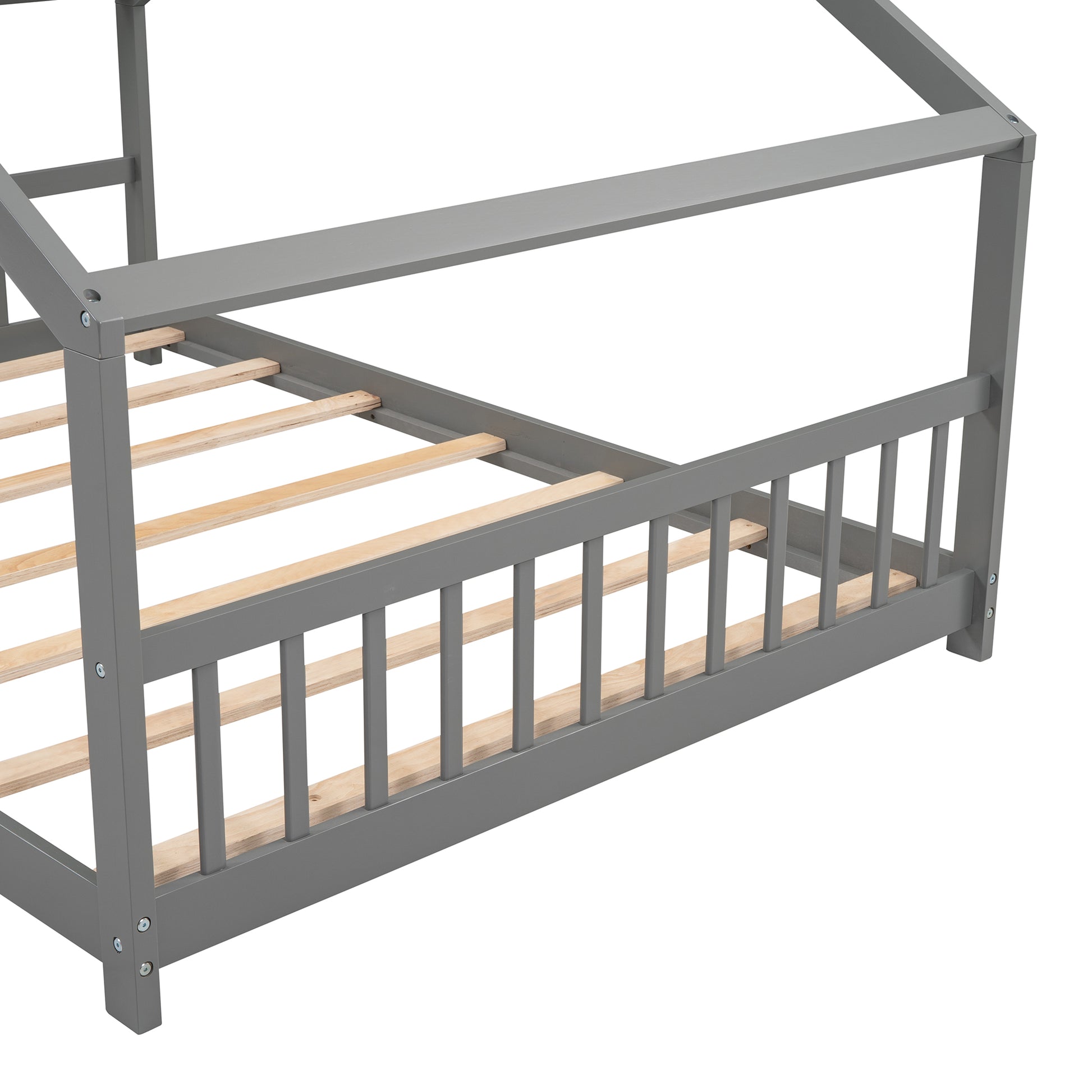 Full Size House Bed - Gray Wood Frame, Kids Bedroom Furniture