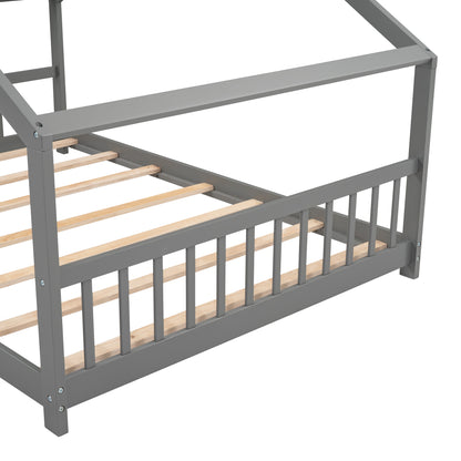 Full Size House Bed - Gray Wood Frame, Kids Bedroom Furniture