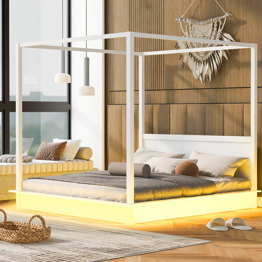 King Size Wood LED Canopy Bed ,Canopy Platform bed With Support Slats, No Box Spring Needed, White(OLD SKU: N820S00007K)