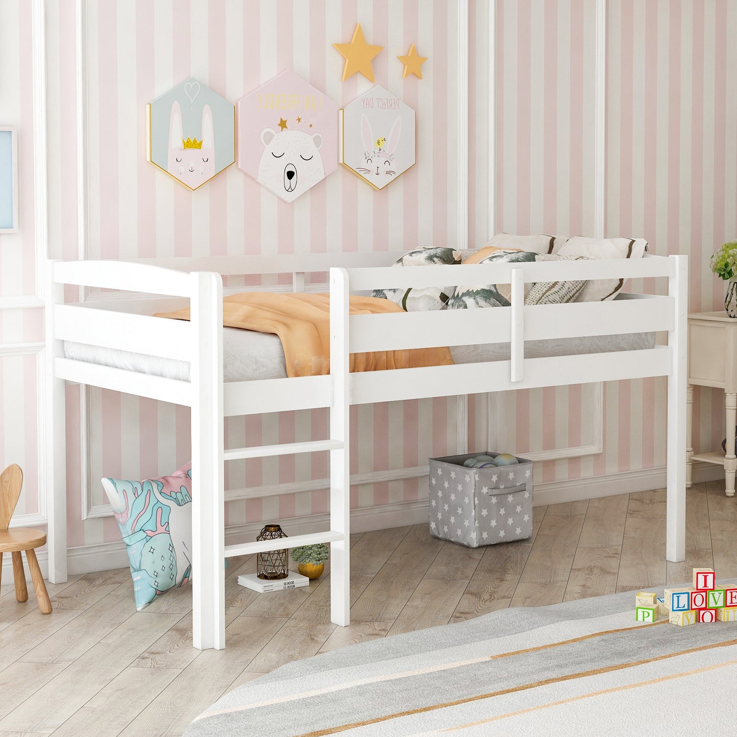 Twin Wood Loft Bed Low Loft Beds with Ladder,Twin,White(OLD SKU :WF286816AAK)