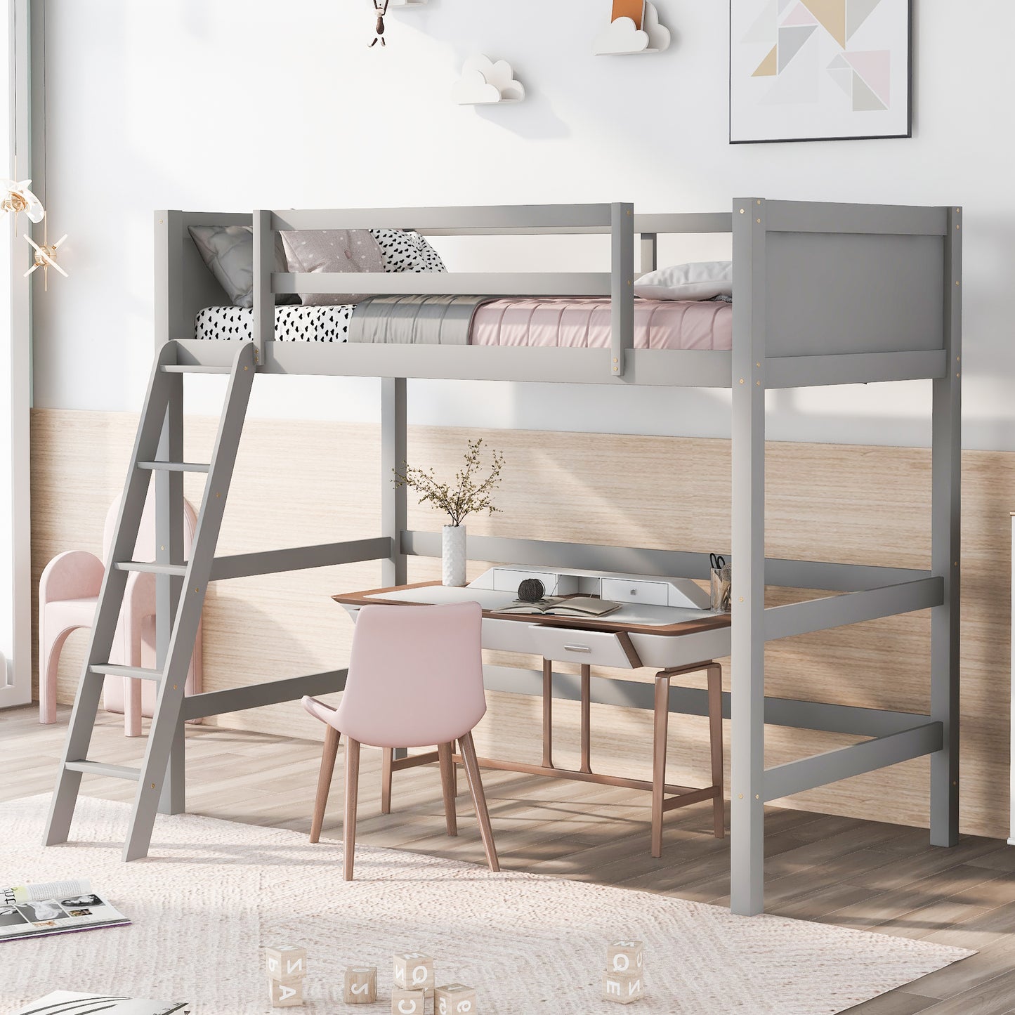 Solid Wood Twin Size Loft Bed with Ladder(Gray)(OLD SKU: WF292330AAE)