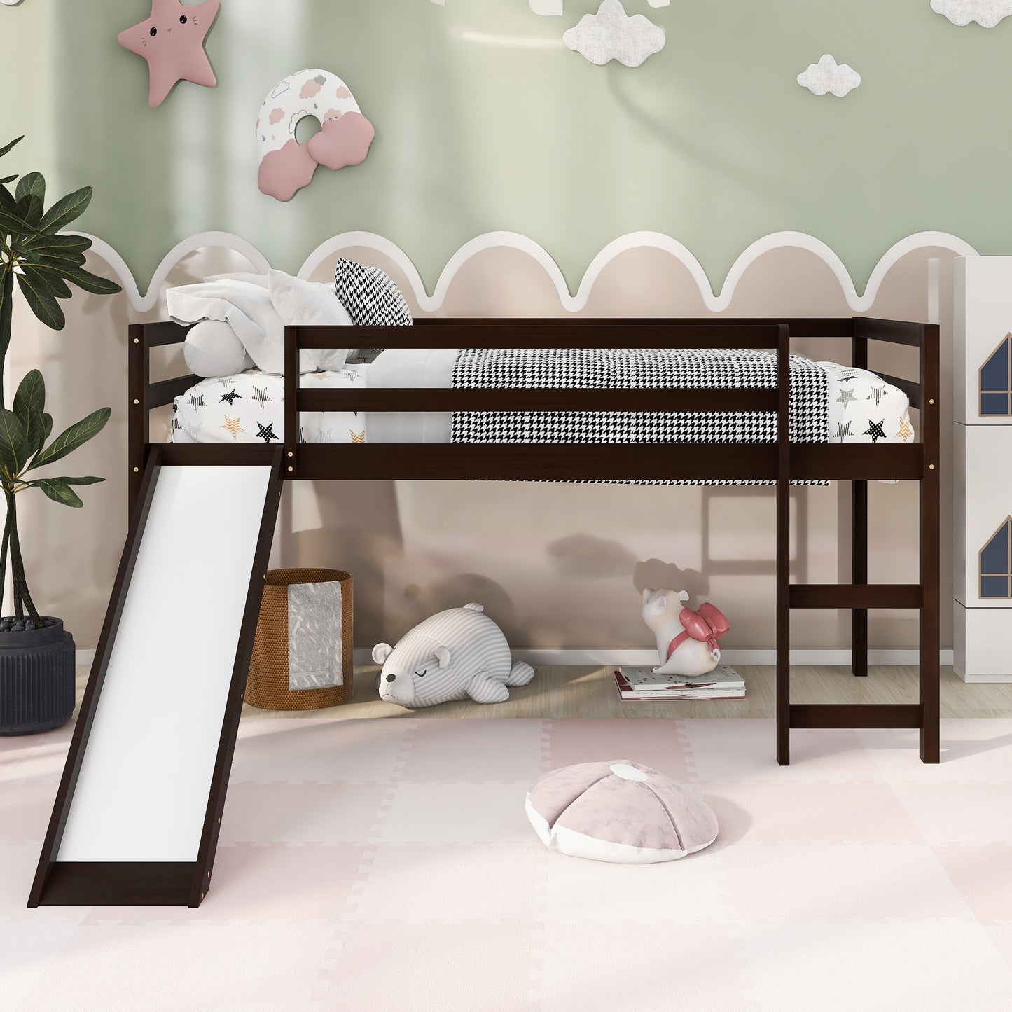 Espresso Solid Wood Loft Bed Frame with Ladder for Bedroom Storage