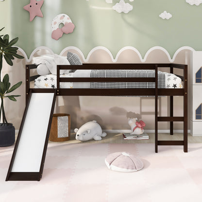 Espresso Solid Wood Loft Bed Frame with Ladder for Bedroom Storage