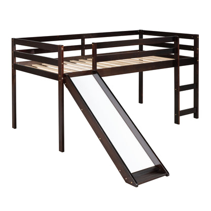 Espresso Solid Wood Loft Bed Frame with Ladder for Bedroom Storage