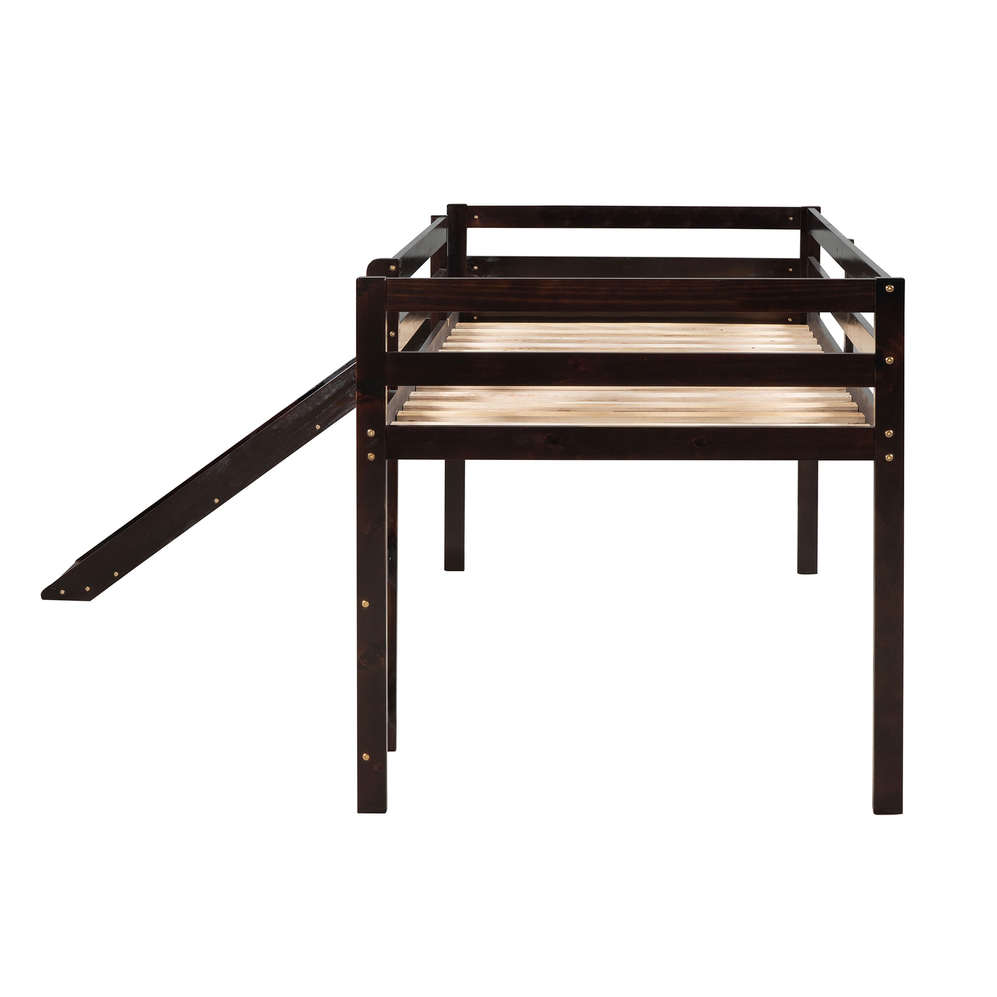 Espresso Solid Wood Loft Bed Frame with Ladder for Bedroom Storage