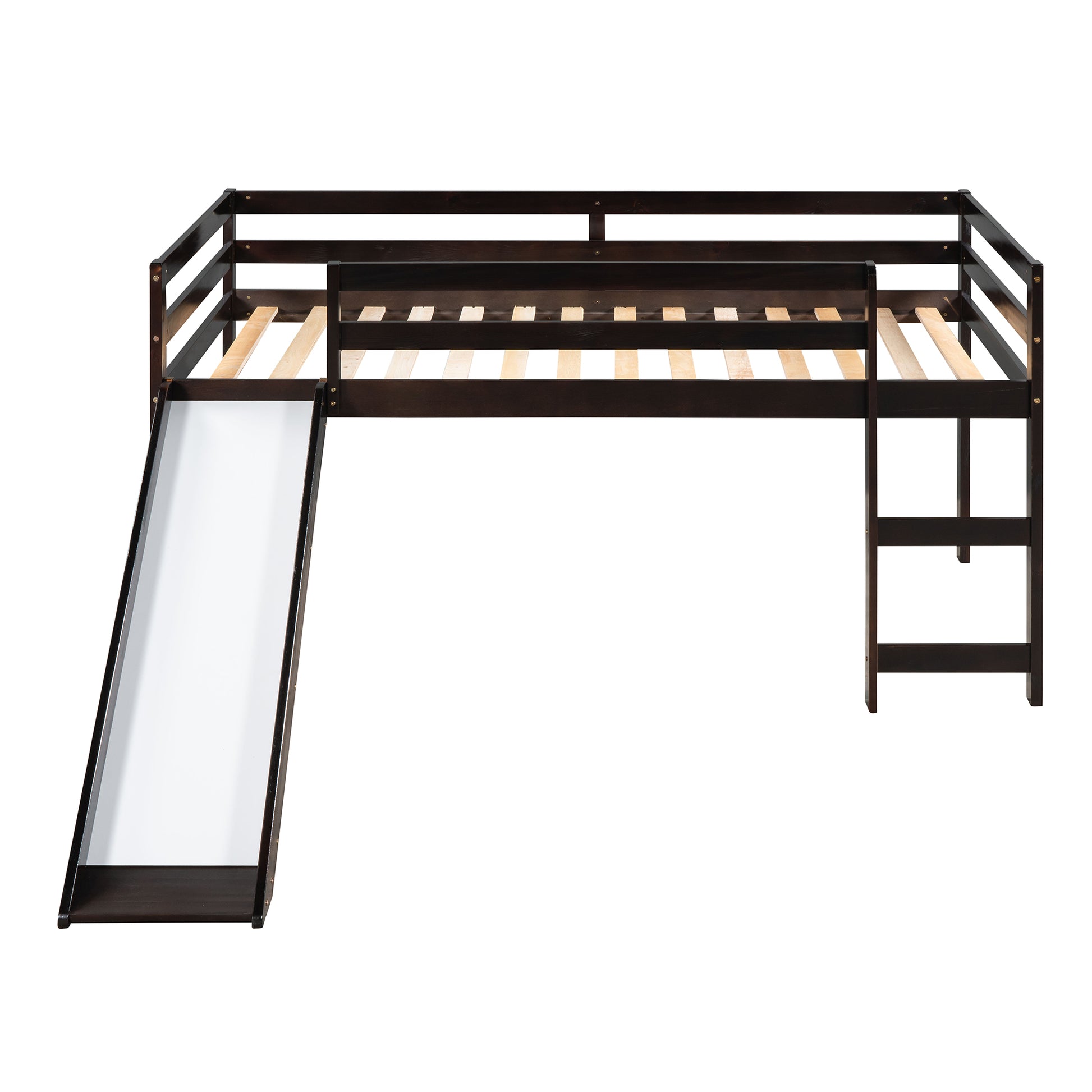Espresso Solid Wood Loft Bed Frame with Ladder for Bedroom Storage