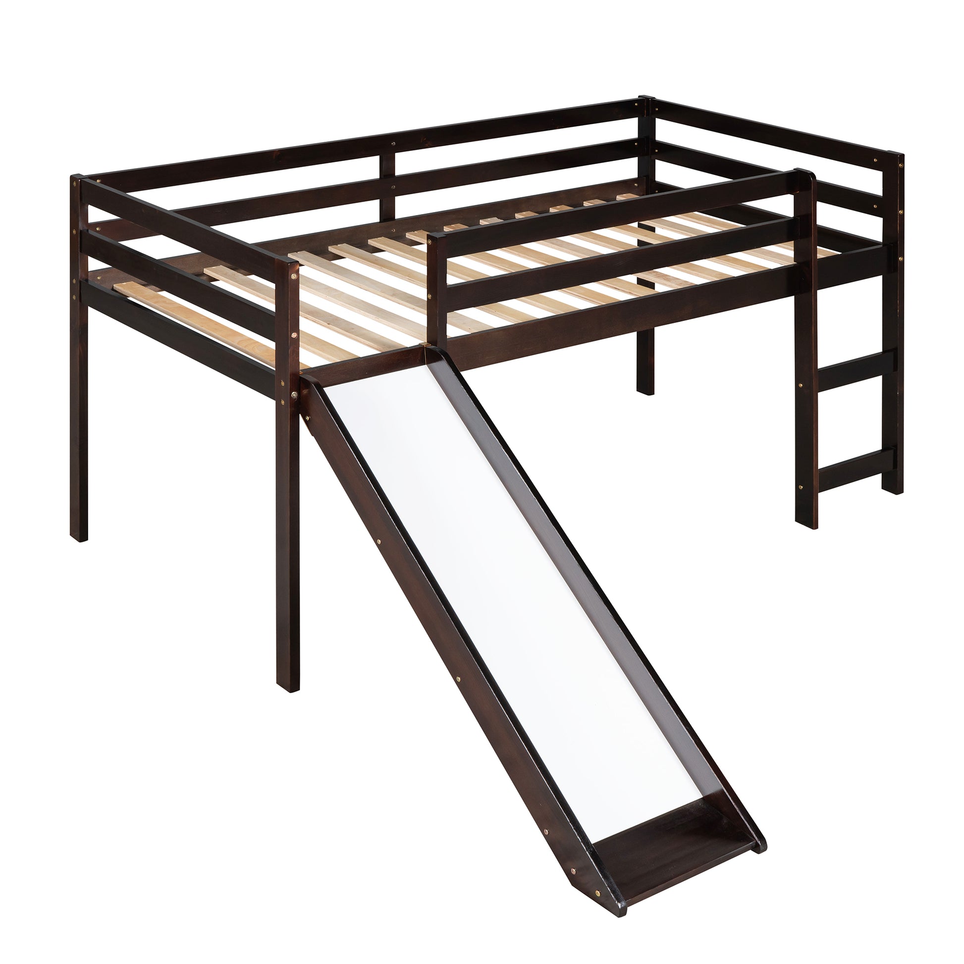 Espresso Solid Wood Loft Bed Frame with Ladder for Bedroom Storage