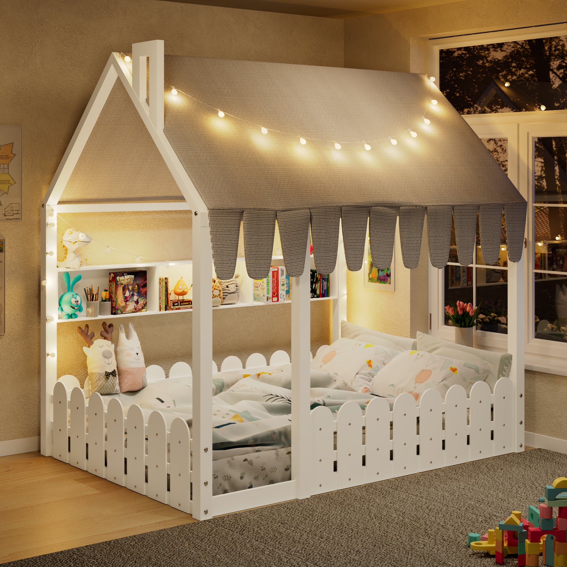 {Slats are not included} Full Size Montessori House Bed for Kids, Floor Bed with Fence Railings, Tent, Lights & 3 Storage Shelves, White