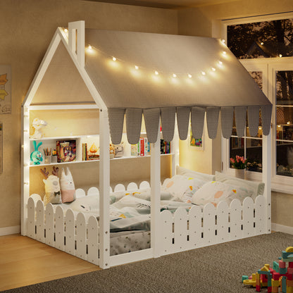{Slats are not included} Full Size Montessori House Bed for Kids, Floor Bed with Fence Railings, Tent, Lights & 3 Storage Shelves, White