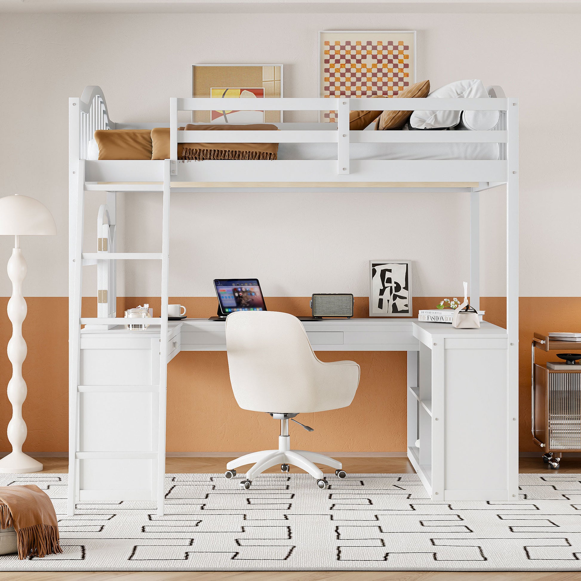 Full White Loft Bed with Desk & Storage