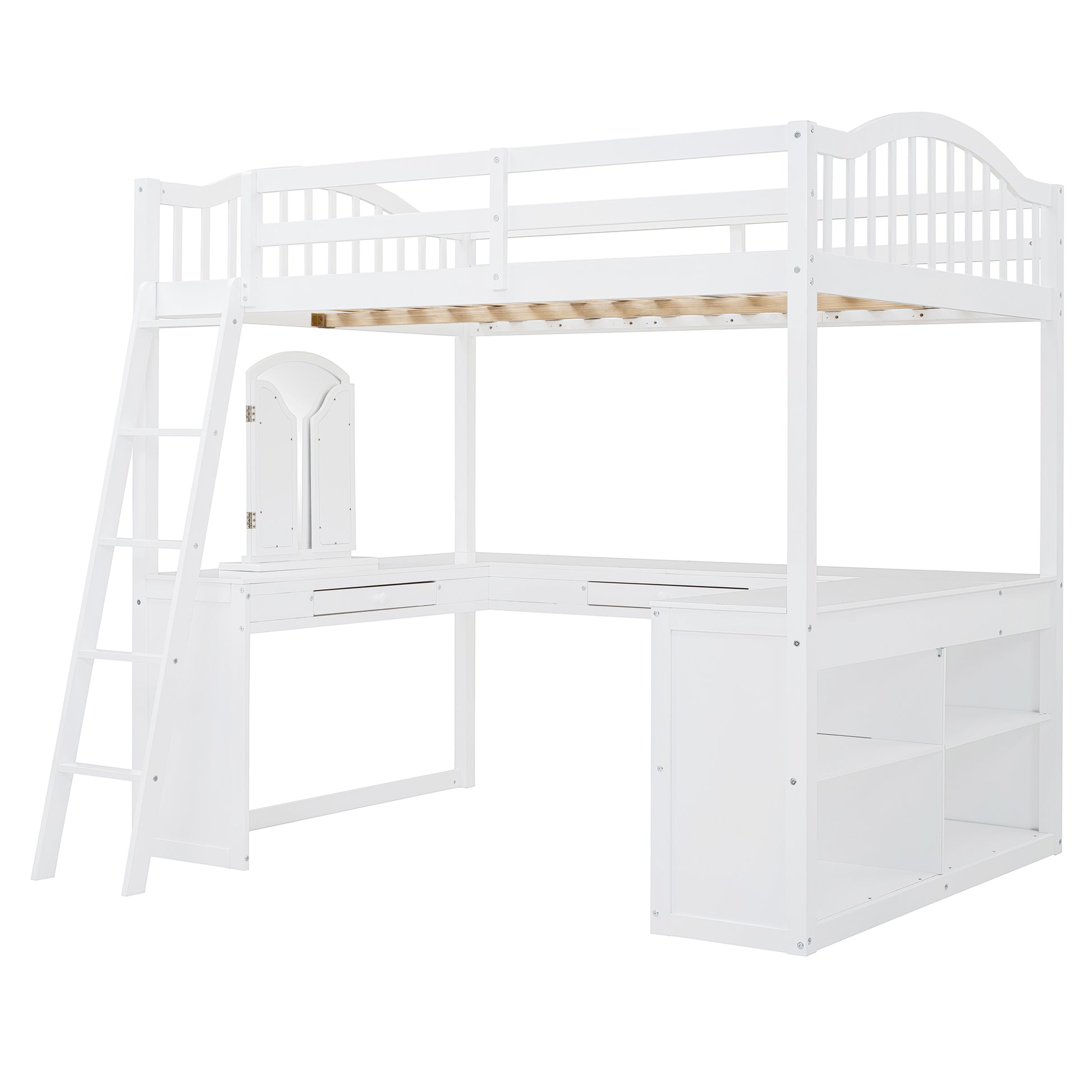 Full White Loft Bed with Desk & Storage