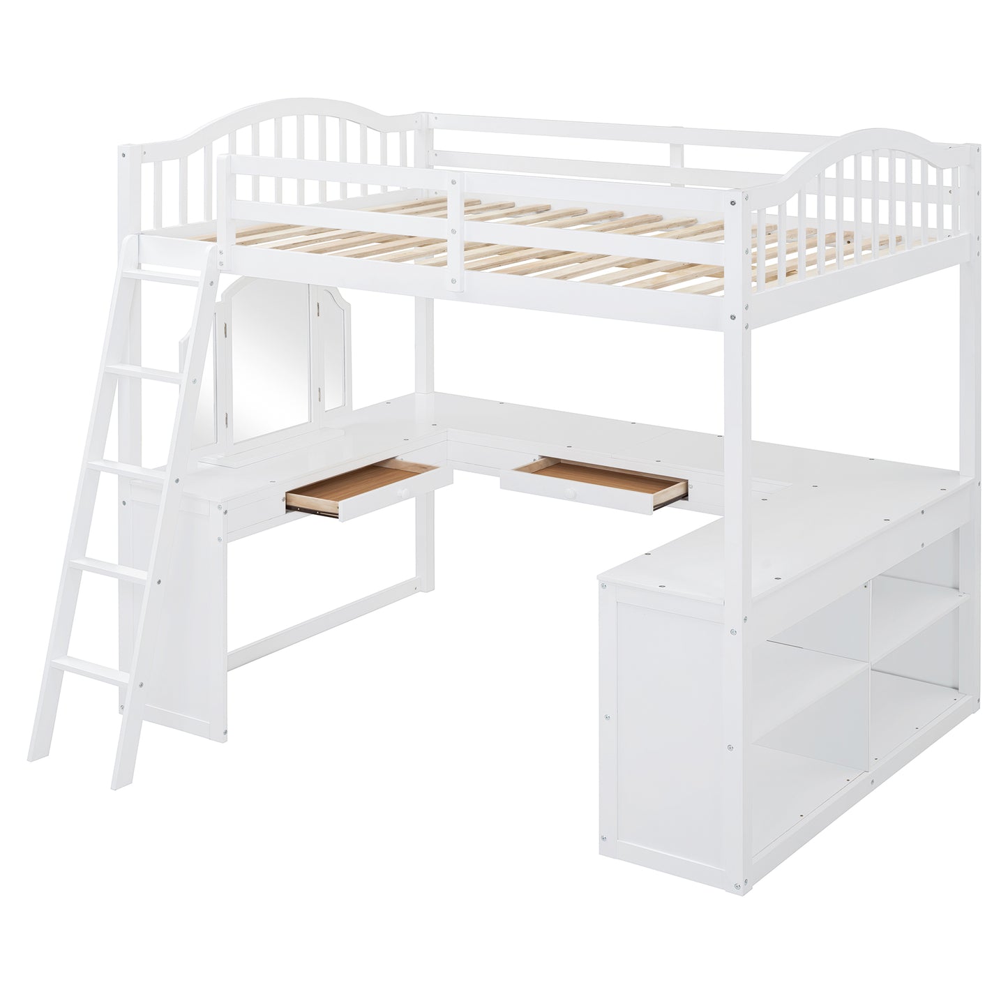 Full White Loft Bed with Desk & Storage