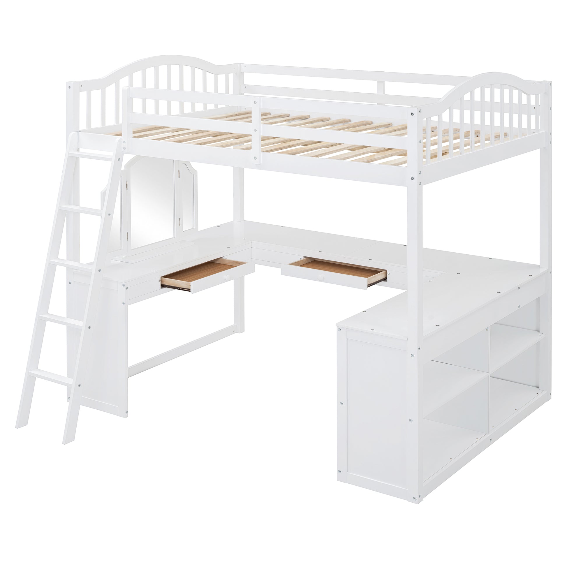 Full White Loft Bed with Desk & Storage