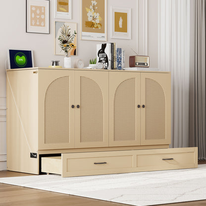 Queen Size Foldable Murphy Bed with Gold Wood Frame for Bedroom