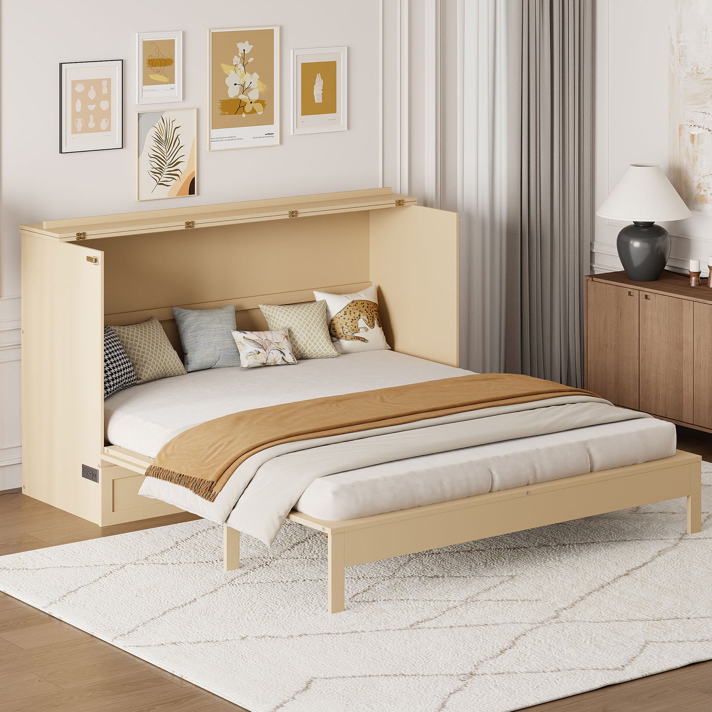 Queen Size Foldable Murphy Bed with Gold Wood Frame for Bedroom