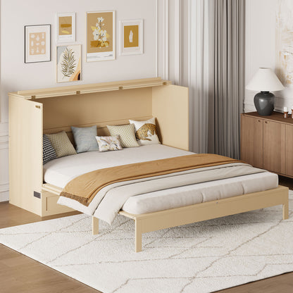 Queen Size Foldable Murphy Bed with Gold Wood Frame for Bedroom