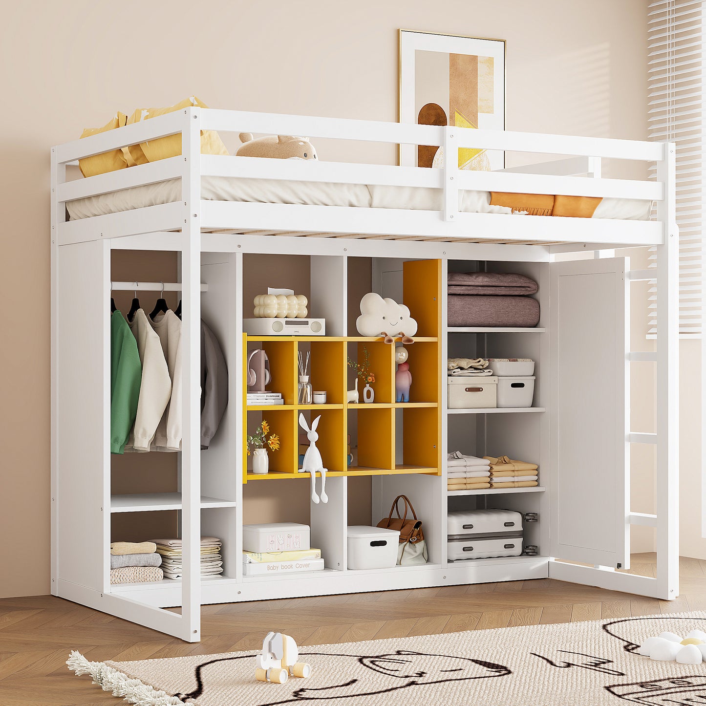 Twin Size Wood Loft Bed with Wardrobe, shelves and  Cabinet, White+Yellow
