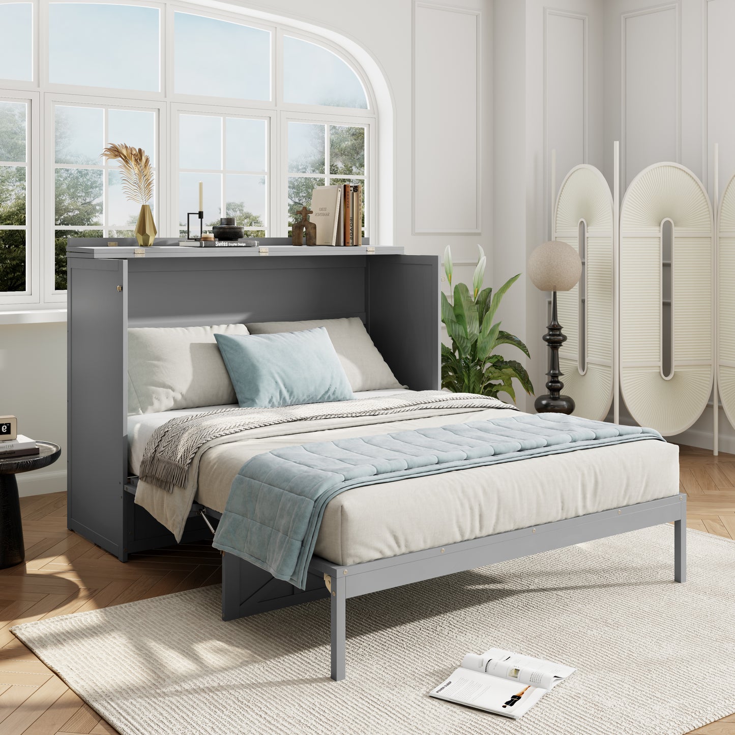Queen Size Gray Murphy Bed with Storage & USB Ports for Bedroom