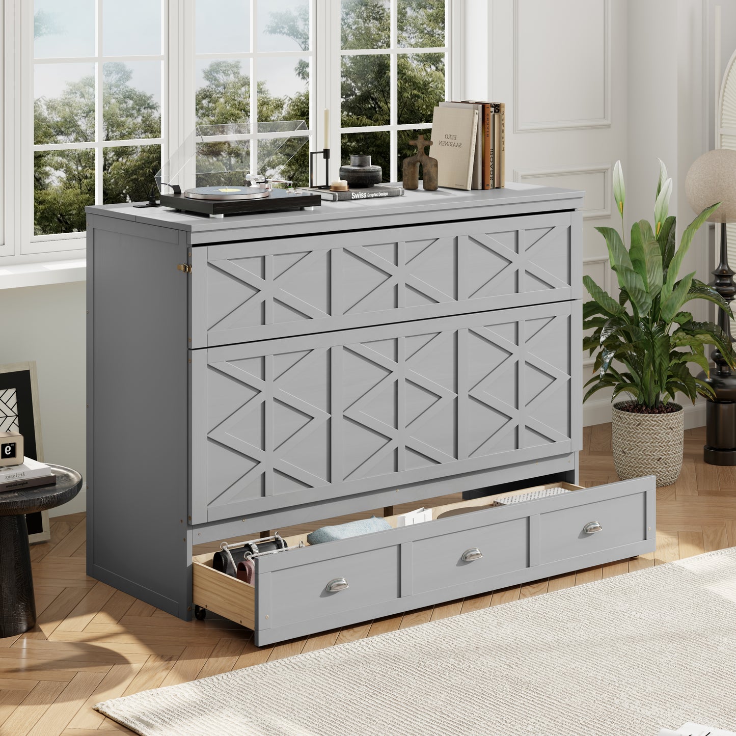 Queen Size Gray Murphy Bed with Storage & USB Ports for Bedroom