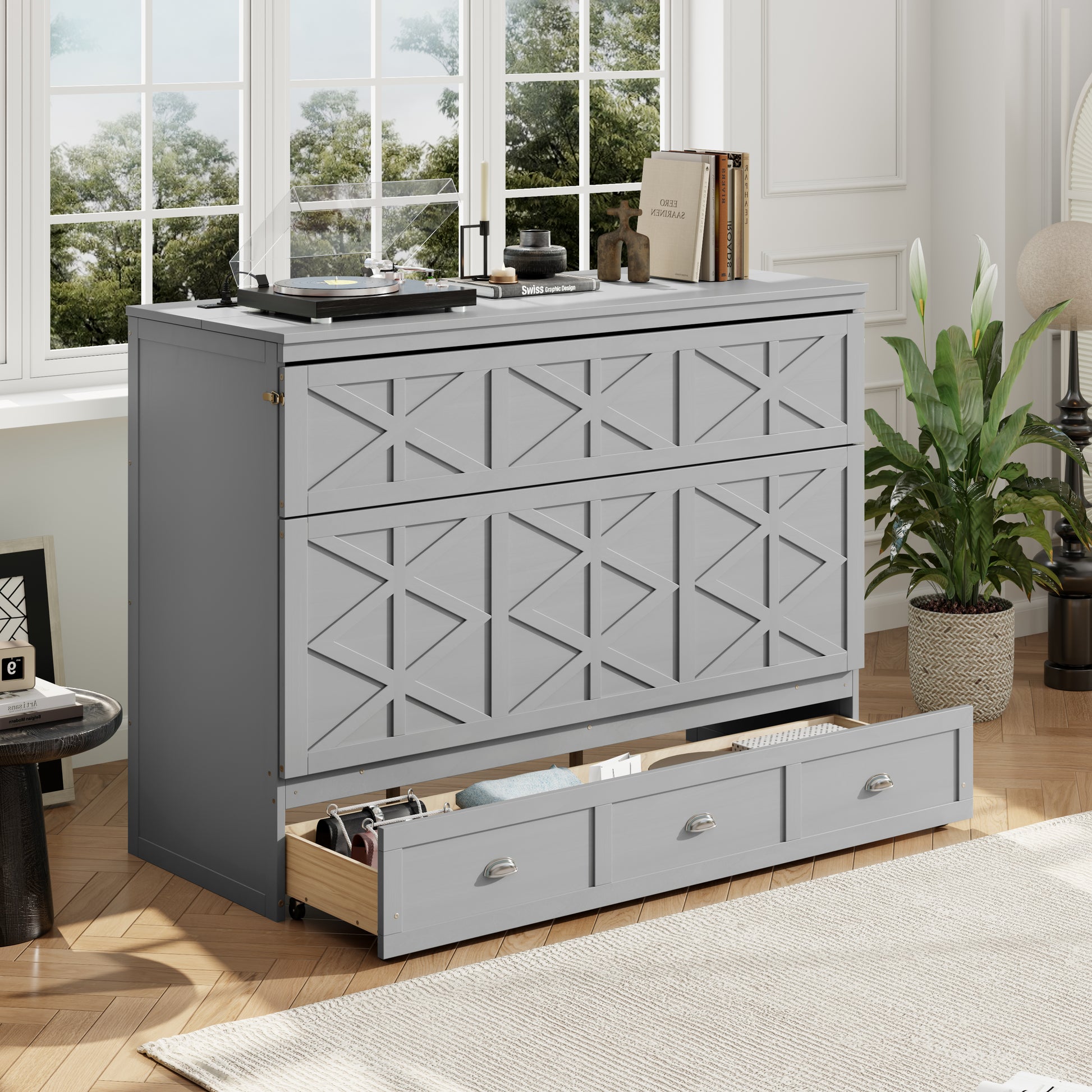 Queen Size Gray Murphy Bed with Storage & USB Ports for Bedroom