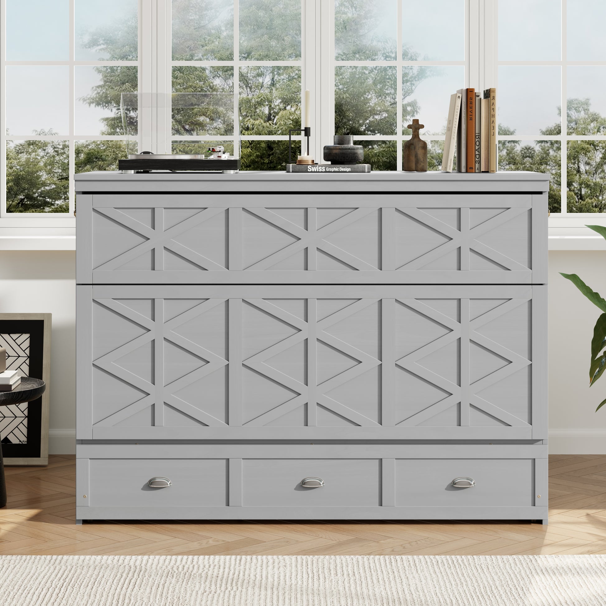 Queen Size Murphy Bed with Large Drawers and USB,Brushed Gray