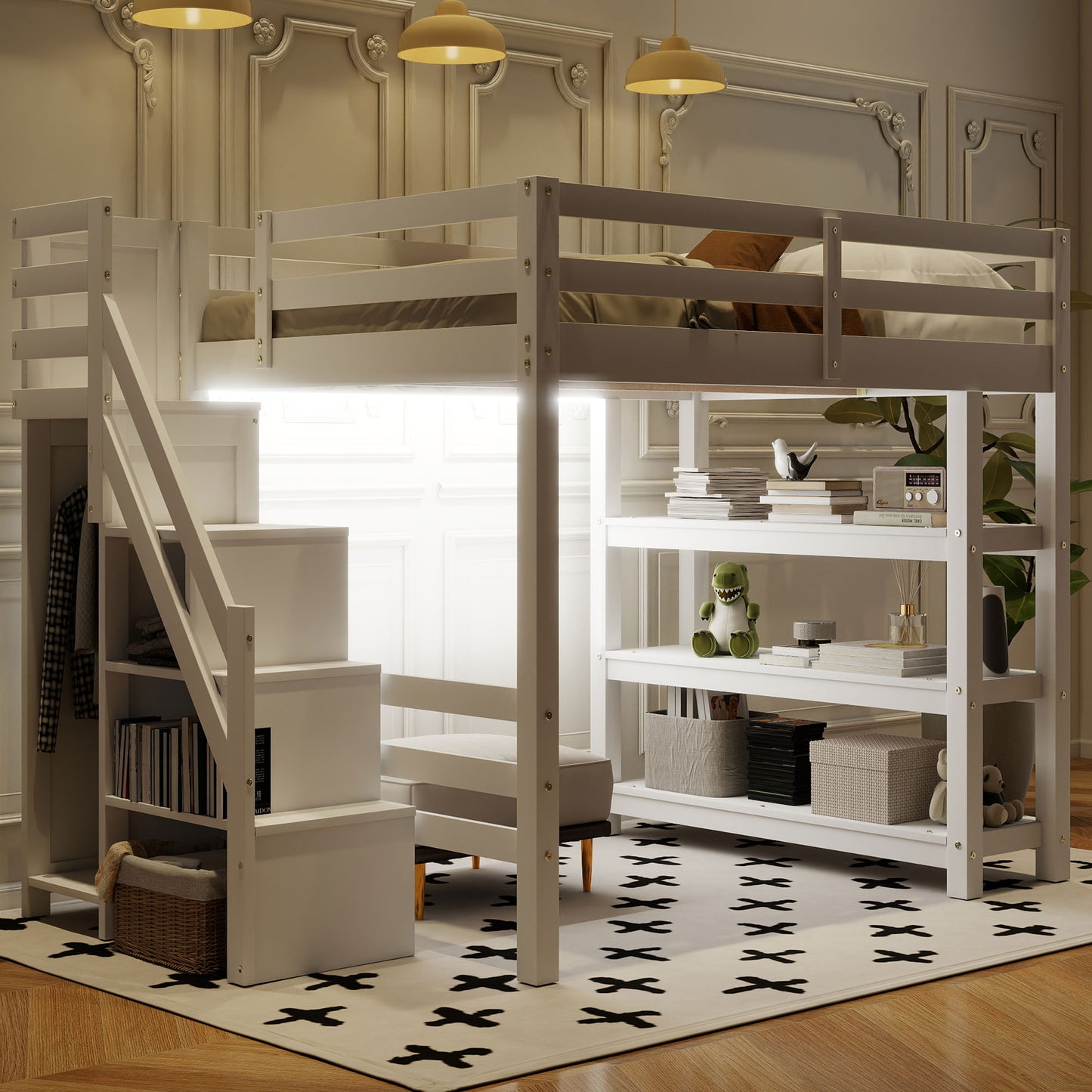 Full Size Loft Bed with Shelves, Storage Staircase, Small Wardrobe and White LED Light, White(Old SKU:N7090000472K)