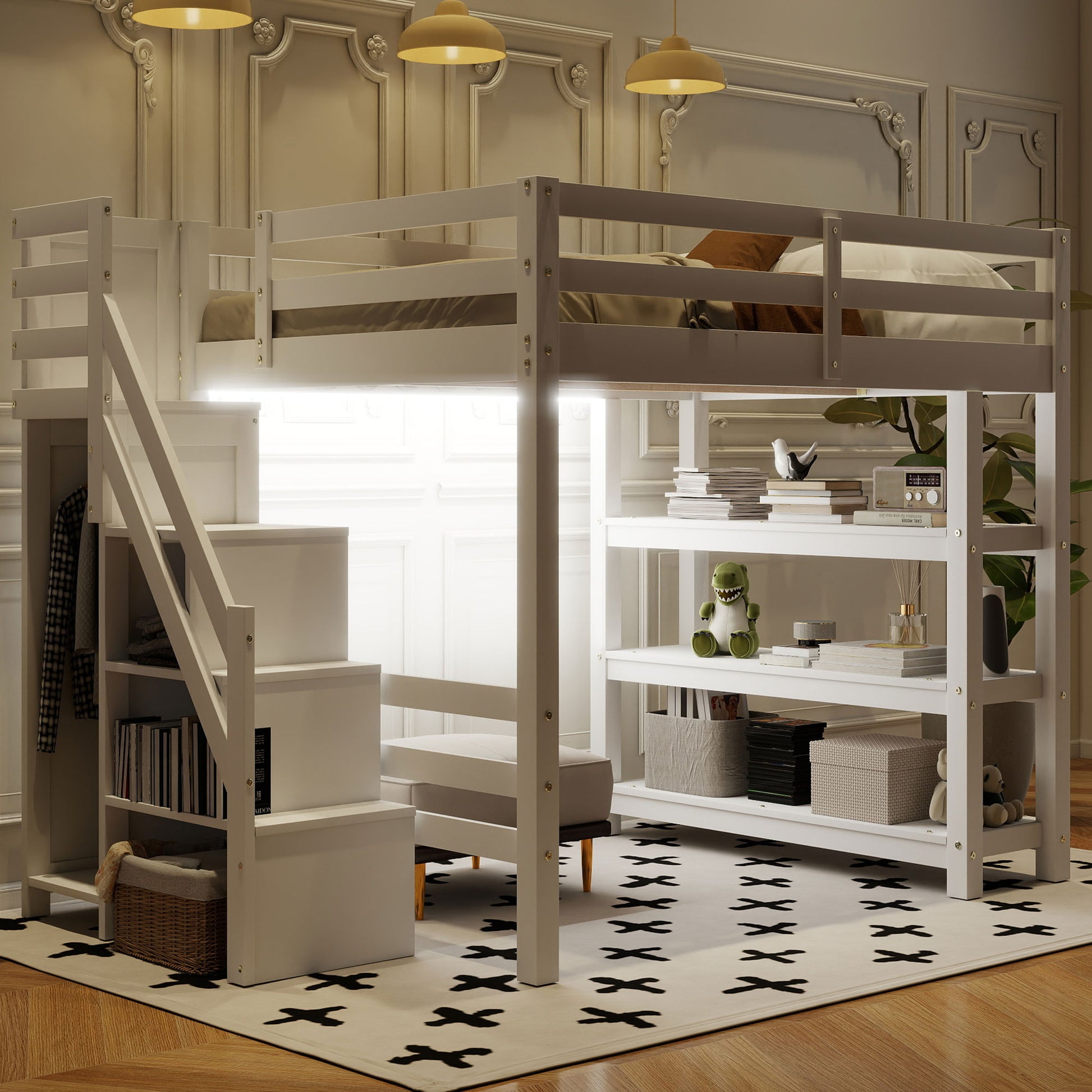 Full Size Loft Bed with Shelves, Storage Staircase, Small Wardrobe and White LED Light, White(Old SKU:N7090000472K)