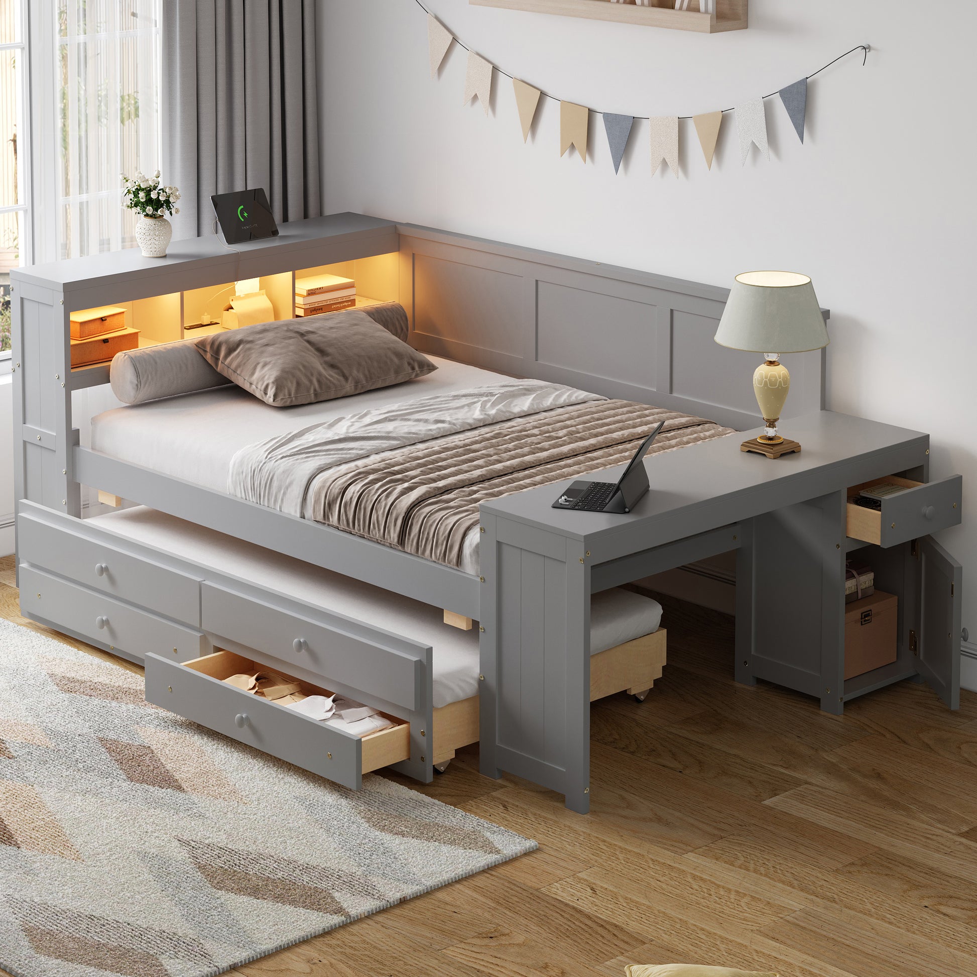 Full Size Daybed with Storage Shelves,Drawers,Trundle,Charging Station,LED Light,Desk and Cabinet,Gray