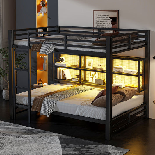 Metal Queen over Queen Bunk Bed with Storage Cabinets and LED, Black