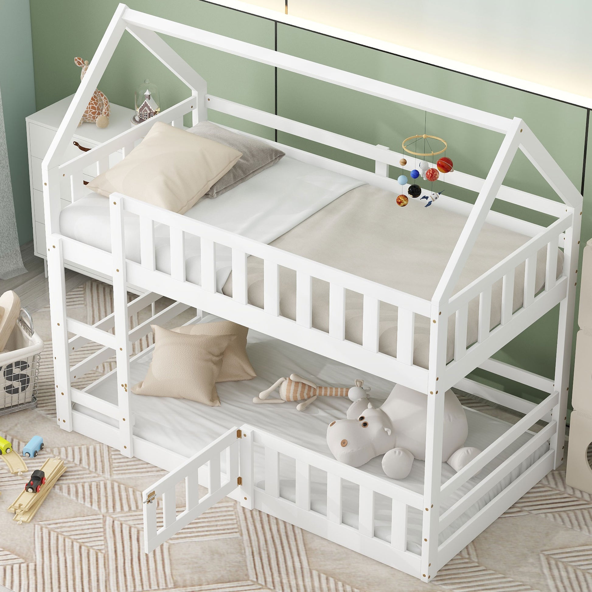Twin Over Twin House Bunk Bed - White Storage & Safety