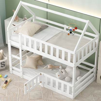 Twin Over Twin House Bunk Bed - White Storage & Safety