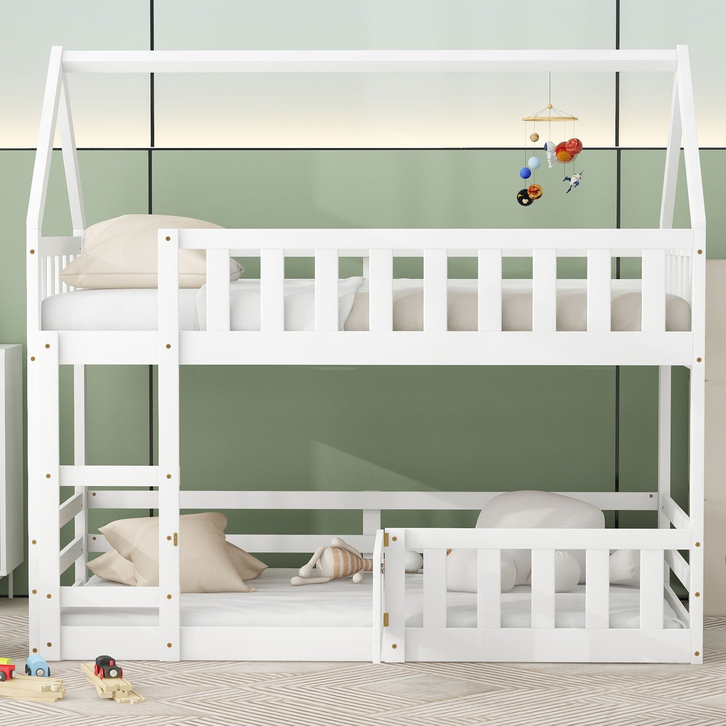 Twin Over Twin House Bunk Bed - White Storage & Safety