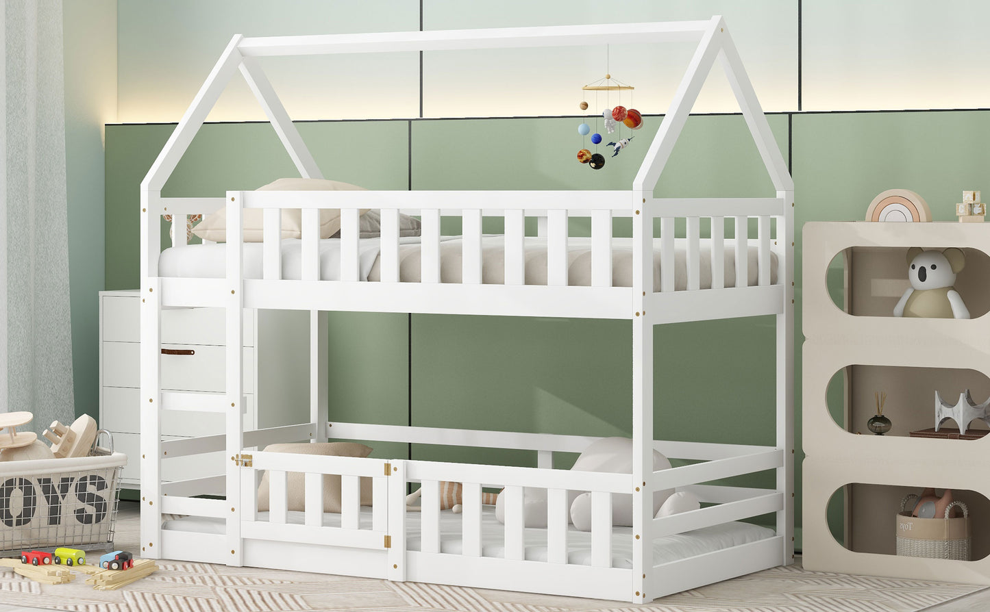 Twin Over Twin House Bunk Bed - White Storage & Safety