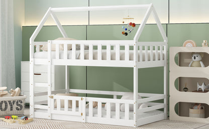 Twin Over Twin House Bunk Bed - White Storage & Safety