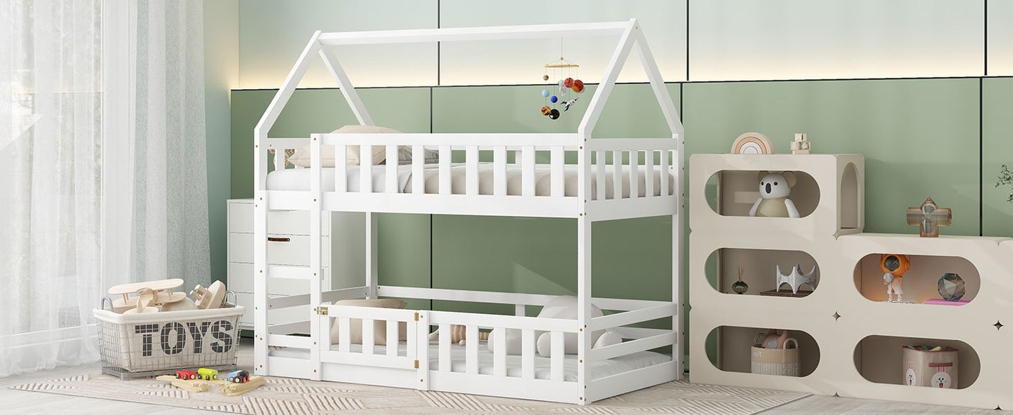 Twin Over Twin House Bunk Bed - White Storage & Safety