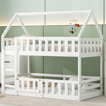 Twin over Twin House Bunk Bed with Fence and Door, White(Old SKU:WF313047AAK)
