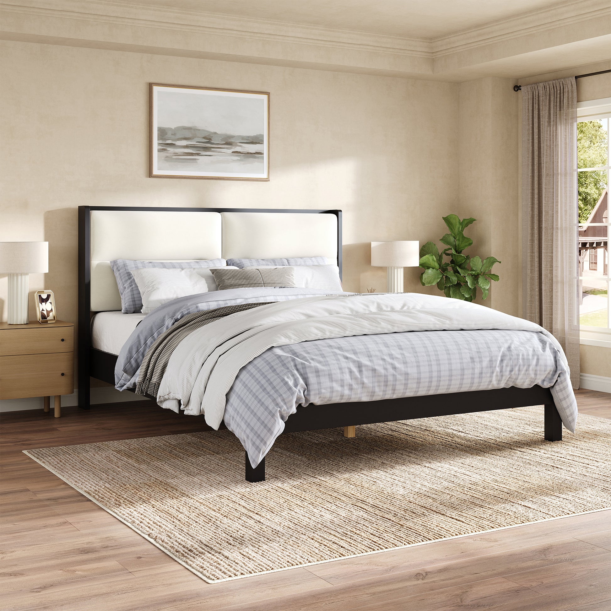 Solid Wood Queen Size Platform Bed Frame with Beige Velvet Upholstered Headboard, Black, No Box Spring Needed