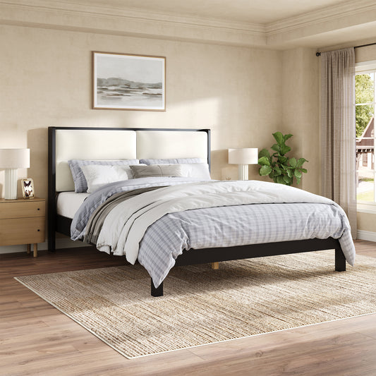 Solid Wood Queen Size Platform Bed Frame with Beige Velvet Upholstered Headboard, Black, No Box Spring Needed