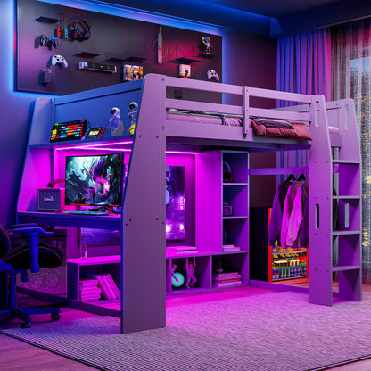 Wood Full Size Gaming Loft Bed with Desk, Multi-storage Shelves, LED and a Hanging Clothes Rack, Gray(Old SKU:N7090001042E)