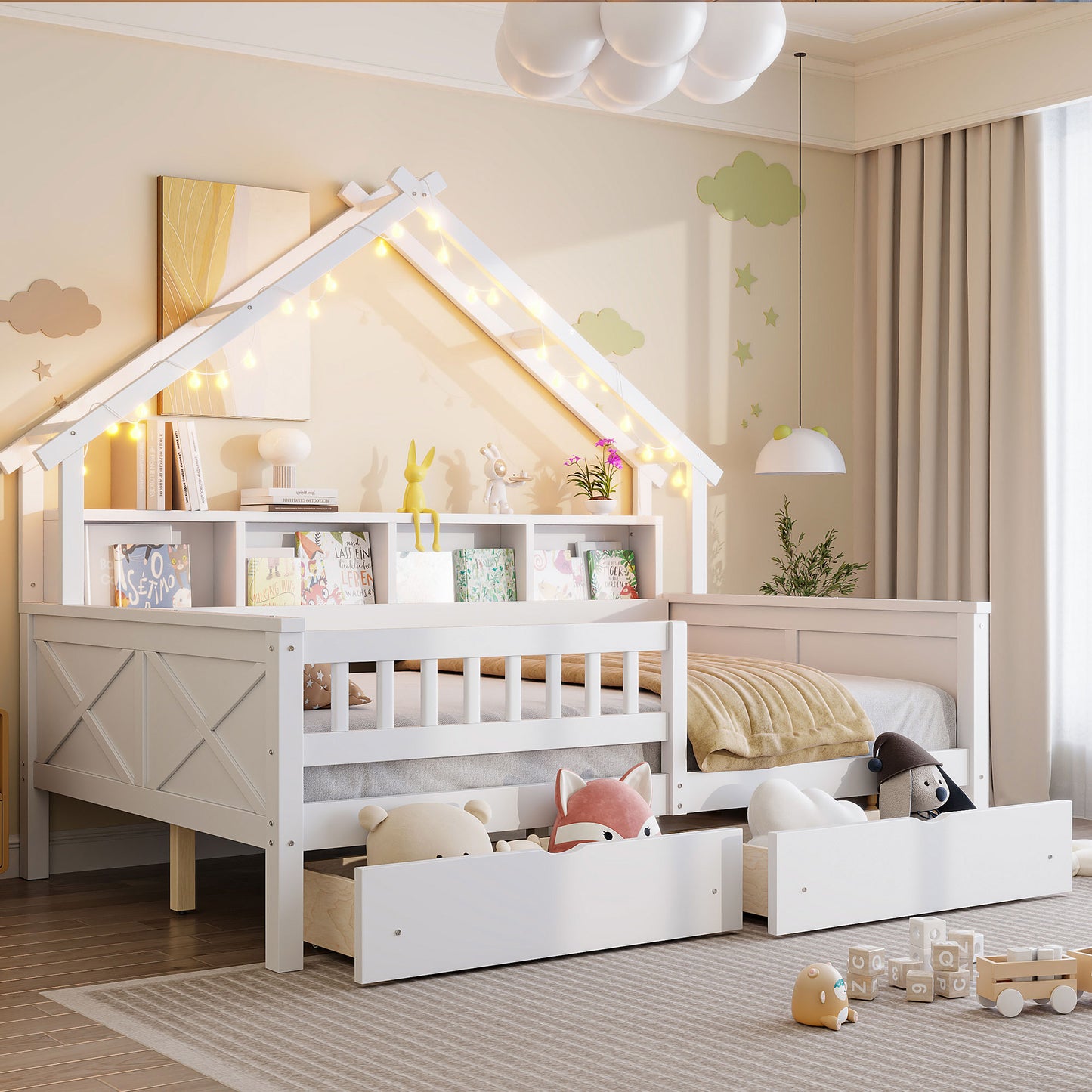 Wood Full Size House Bed - Storage & LED Light