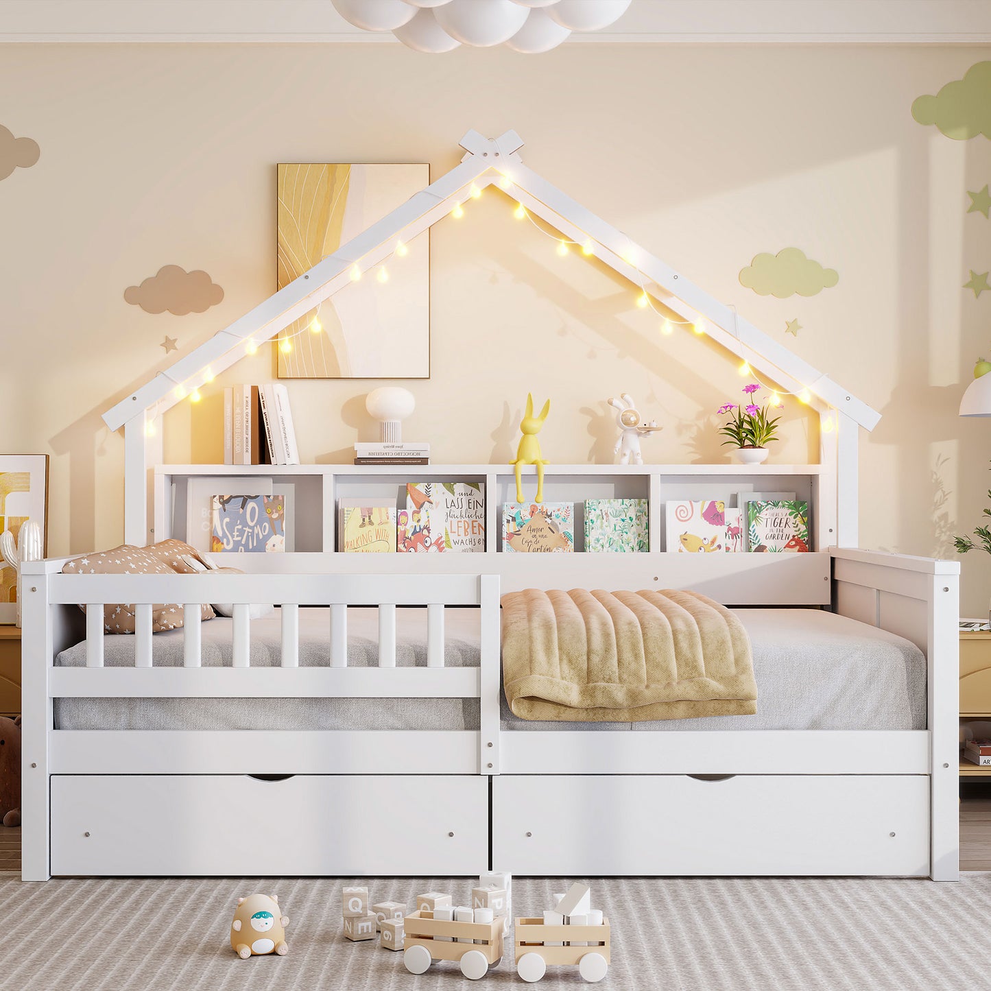 Wood Full Size House Bed - Storage & LED Light