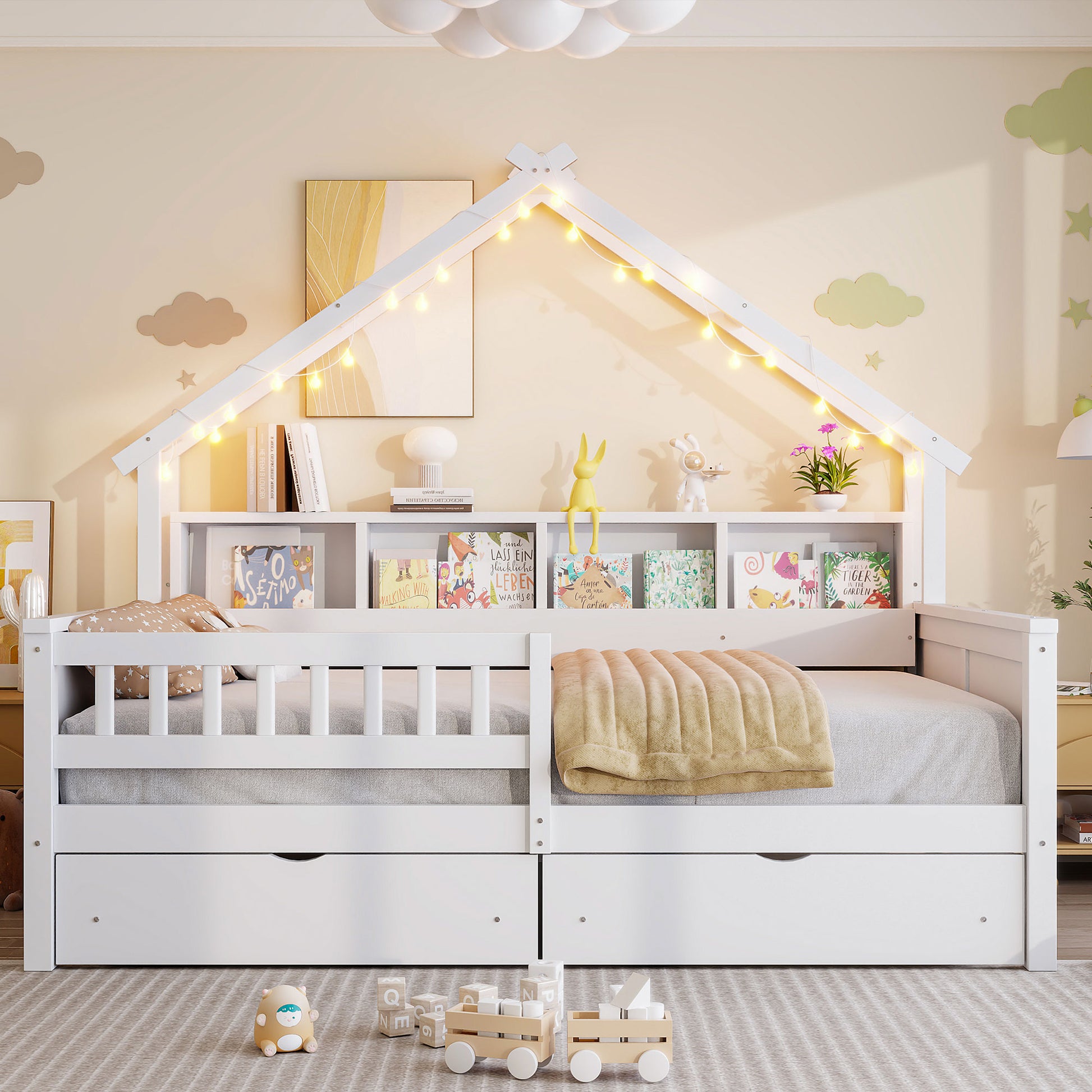 Wood Full Size House Bed - Storage & LED Light
