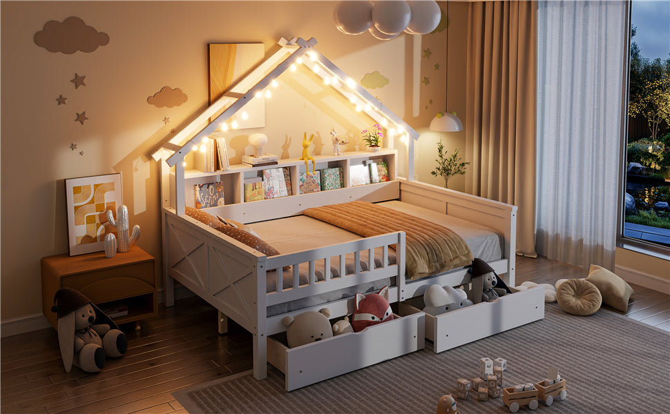 Wood Full Size House Bed - Storage & LED Light