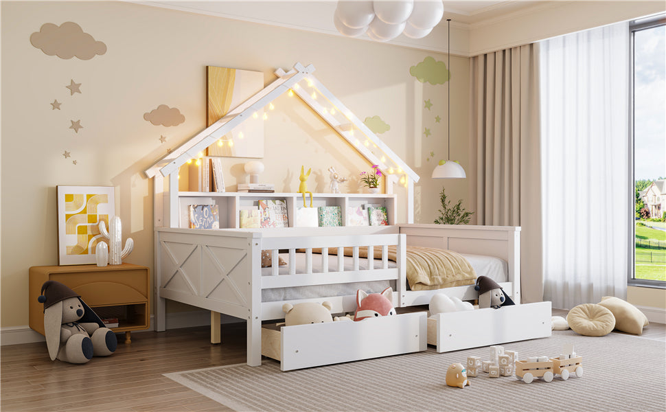 Wood Full Size House Bed - Storage & LED Light