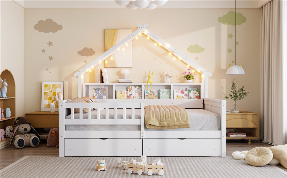 Wood Full Size House Bed - Storage & LED Light