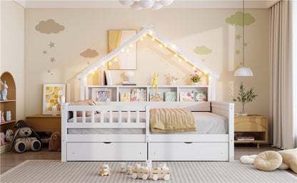 Wood Full Size House Bed - Storage & LED Light