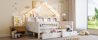 Wood Full Size House Bed - Storage & LED Light