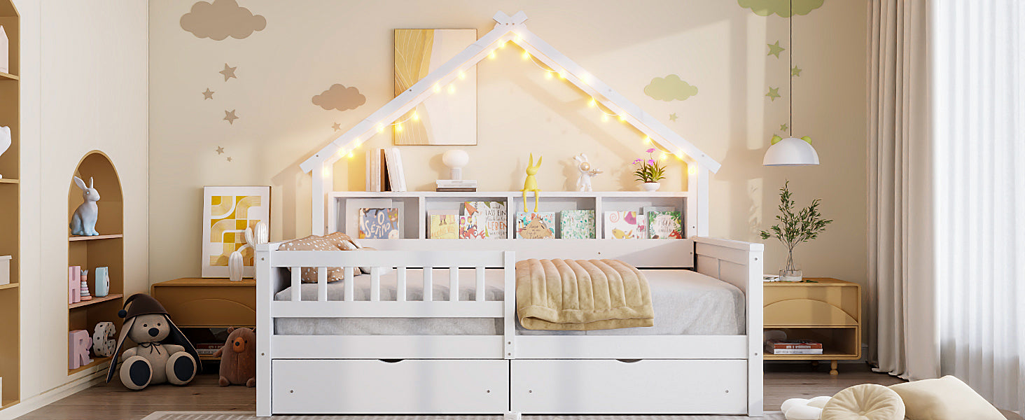 Wood Full Size House Bed - Storage & LED Light