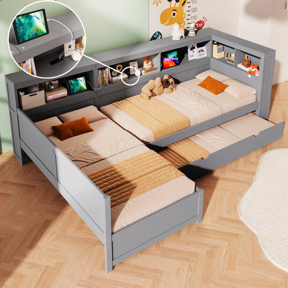 Wood Twin Size L-shaped Platform Bed with Trundle and a Drawer, Grey(Old SKU:N7090001045E)