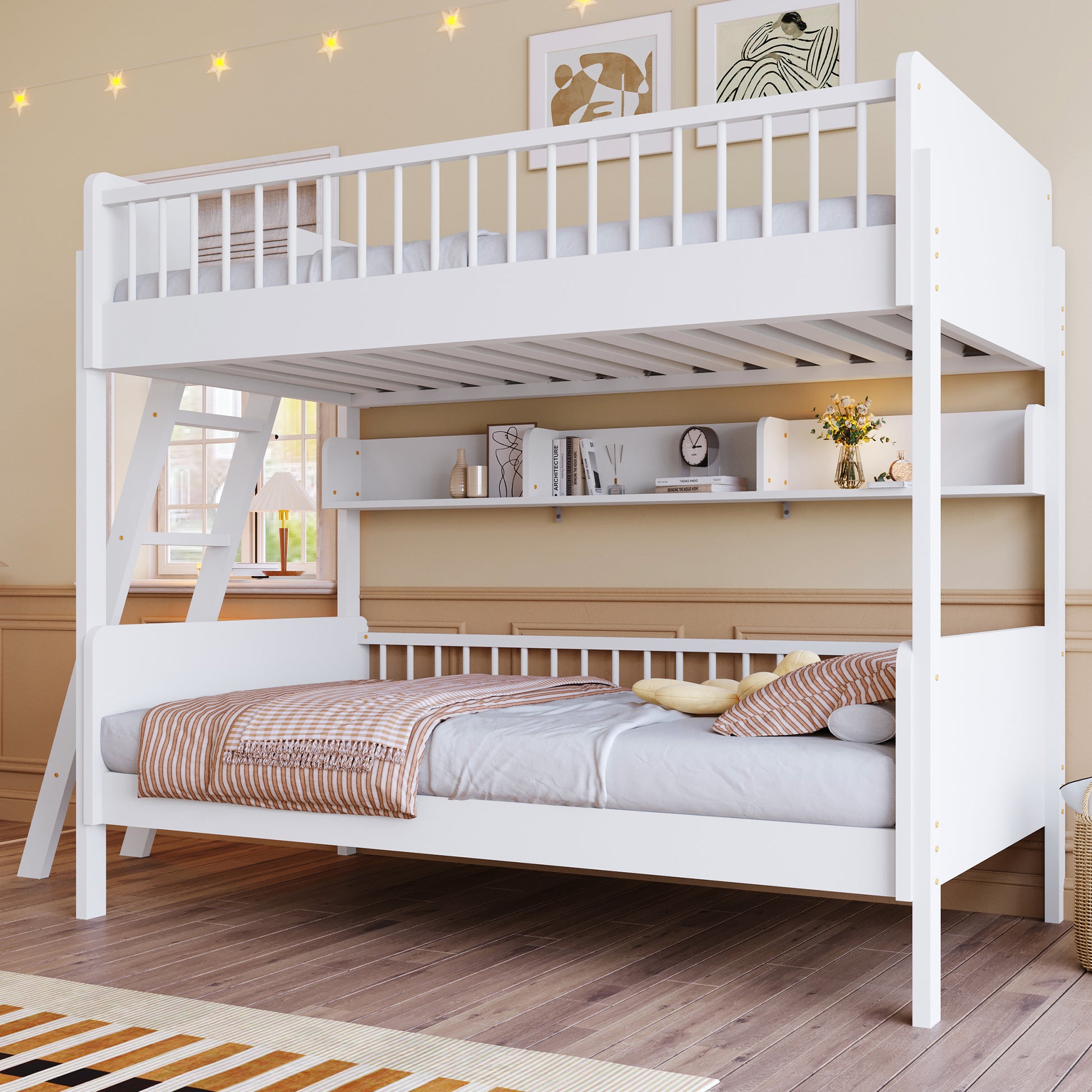 Twin Size Bunk Bed with Storage Shelves - White Solid Wood for Bedroom